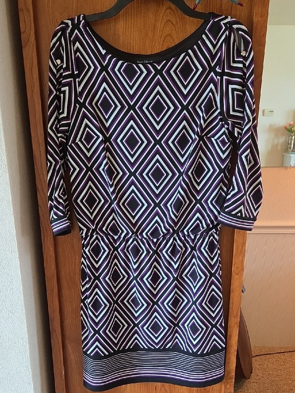 White House Black Market Black, Purple and White Geometric Long Sleeve Dress